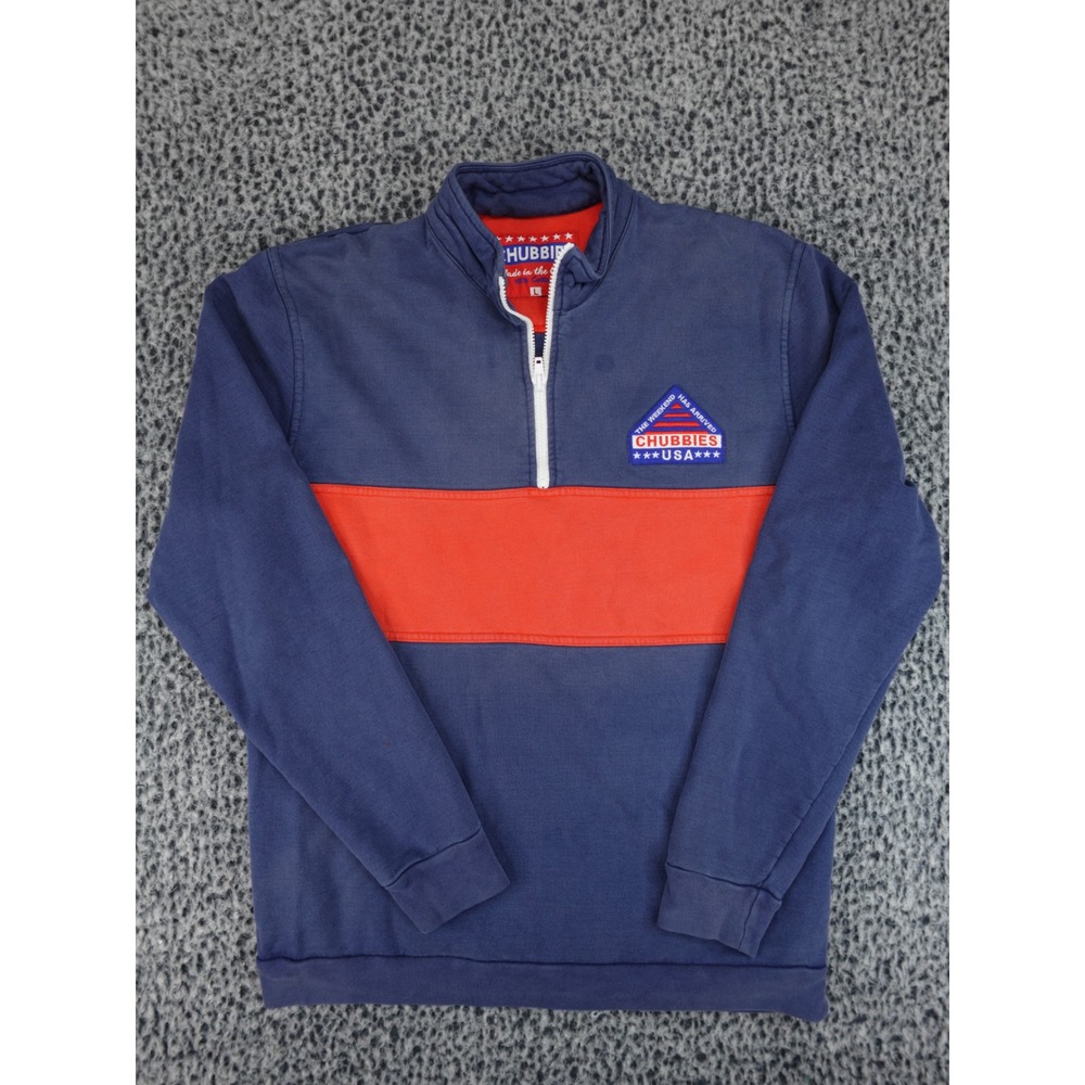 Chubbies‎ Quarter Zip Pullover Mens Large Blue Red USA Made Cotton Sweatshirt